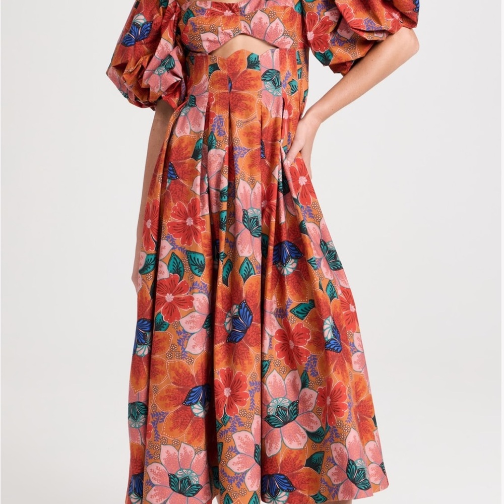 NWOT FARM Rio Marias Floral Orange Cut Out Midi Dress Size XS